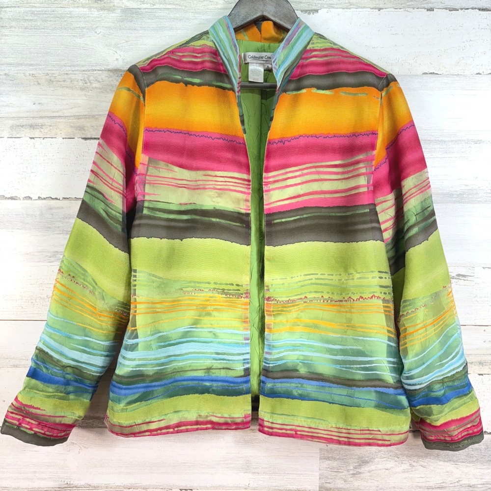Coldwater Creek Size S Green Striped Kimono Linen Blend Jacket Layered Boho Chic